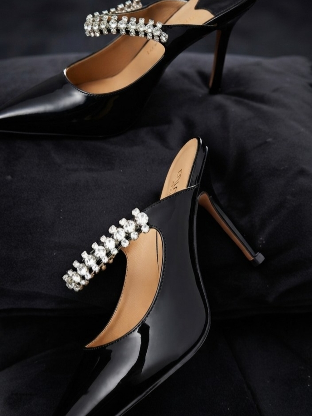 Black Patent Crystal-Embellished Stiletto Mules